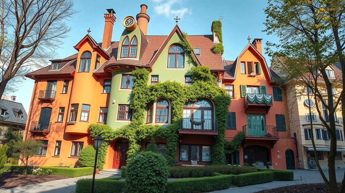 A színes Hundertwasser-ház Bécsben, egyedi formákkal és zöld elemekkel.