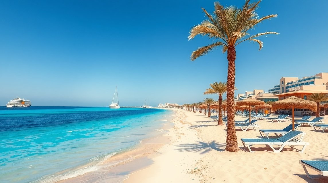 Gyönyörű tengerpart Hurghadában, pálmafák és napernyők mellett