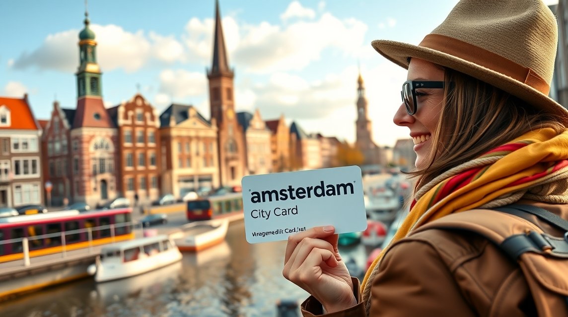 Nő Amszterdami City Carddal a csatornánál