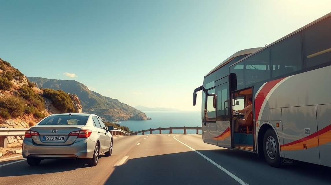 Autóbérlés és buszozás tájképe Ibizán, a tengerpart mellett.