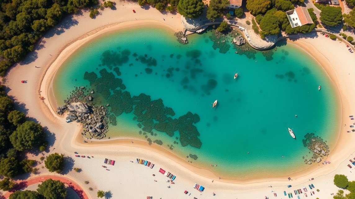 Tengerparti látkép Ibiza Ses Salines területén, türkiz víz és homokos part.