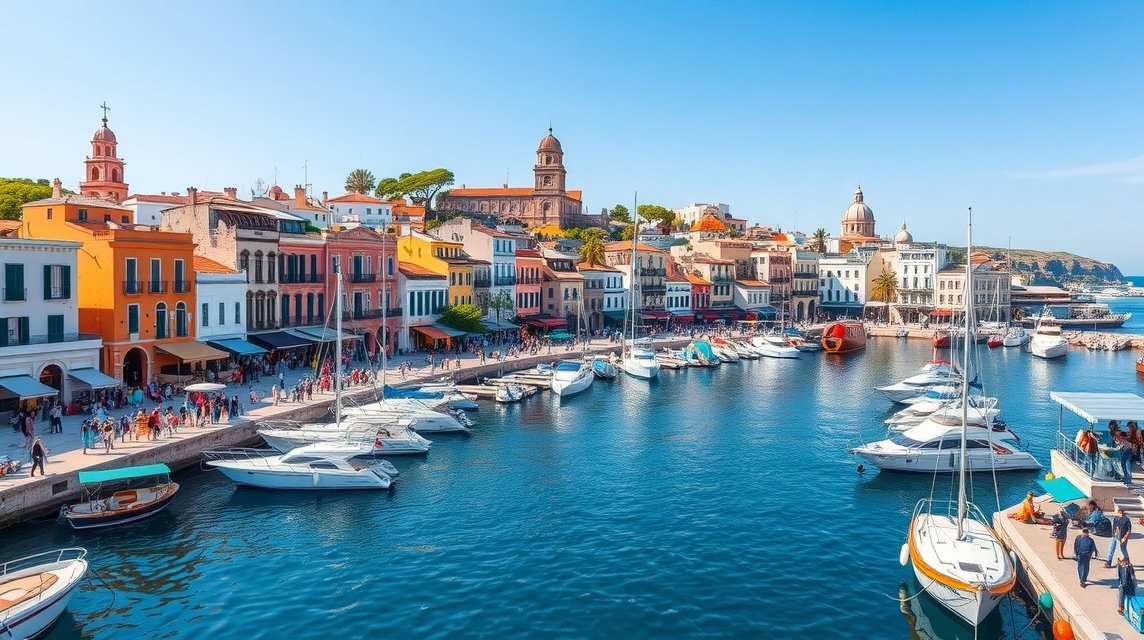 Ibiza város kikötője, színes házak és jachtok a víz partján.