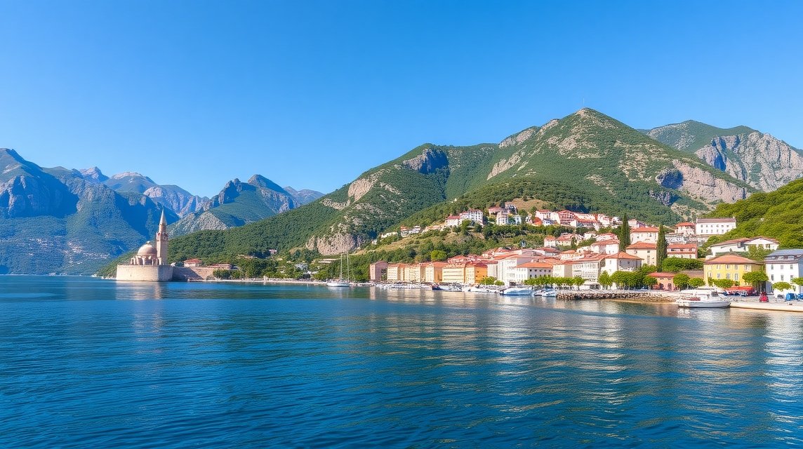 Panoráma a Kotori-öböl partjáról, Montenegróban.