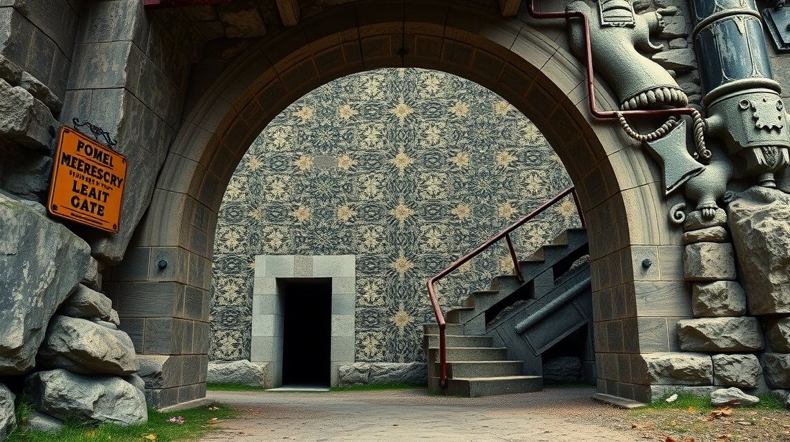 Idrija városkapu és lépcső, híres csipke mintával