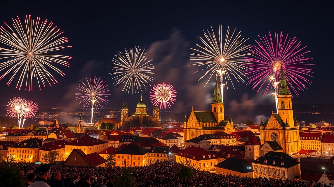 Tűzijáték Brno városában az Ignis Brunensis fesztivál alatt