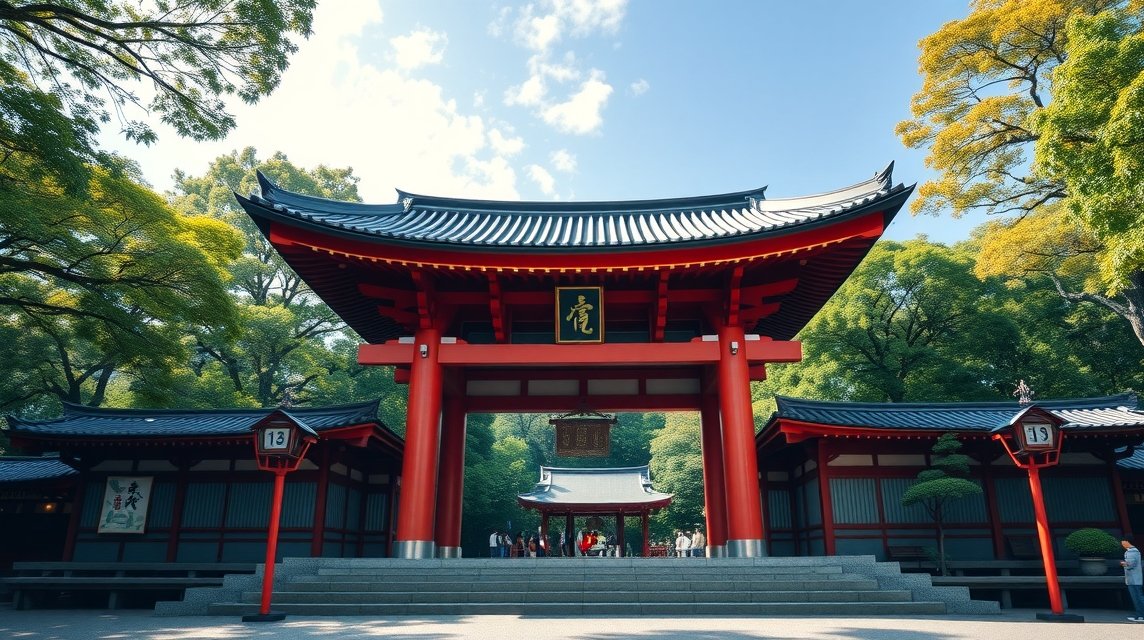 Ikuta szentély belépőkapuja Kóbe belvárosában, Japánban.