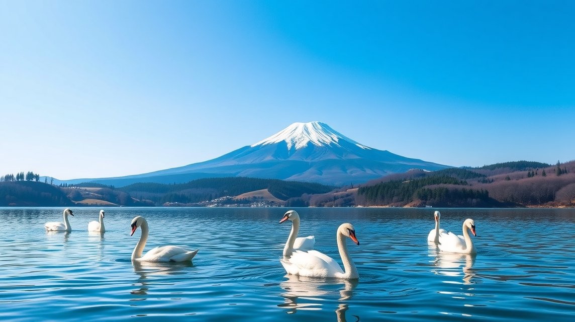 Inawashiro-tó hattyúk Bandai-hegy háttérrel Japánban