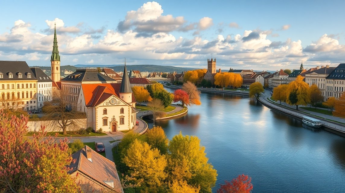 Ingolstadt őszi tája, folyó mentén színes fákkal