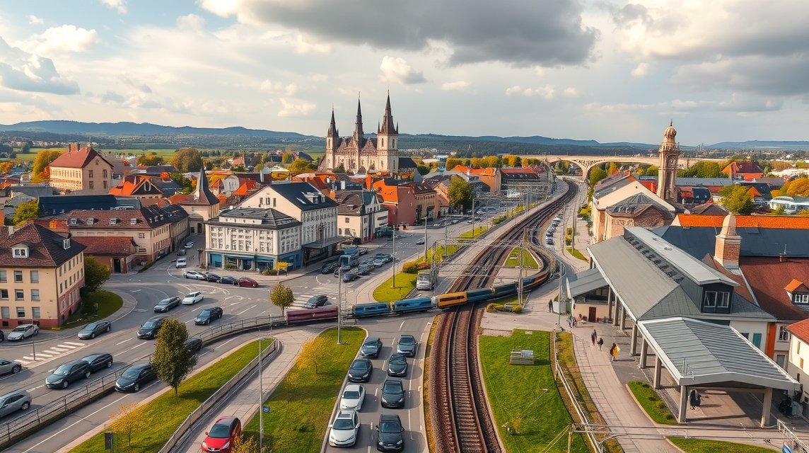 Ingolstadt városképe, autók és vonatok kereszteződése Bajorországban.