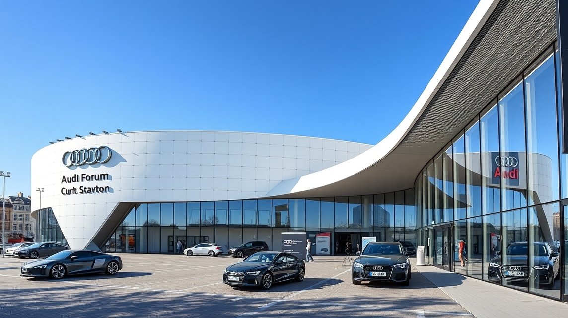 Az Audi Forum épülete Ingolstadtban, modern dizájnnal és ikonikus autókkal.