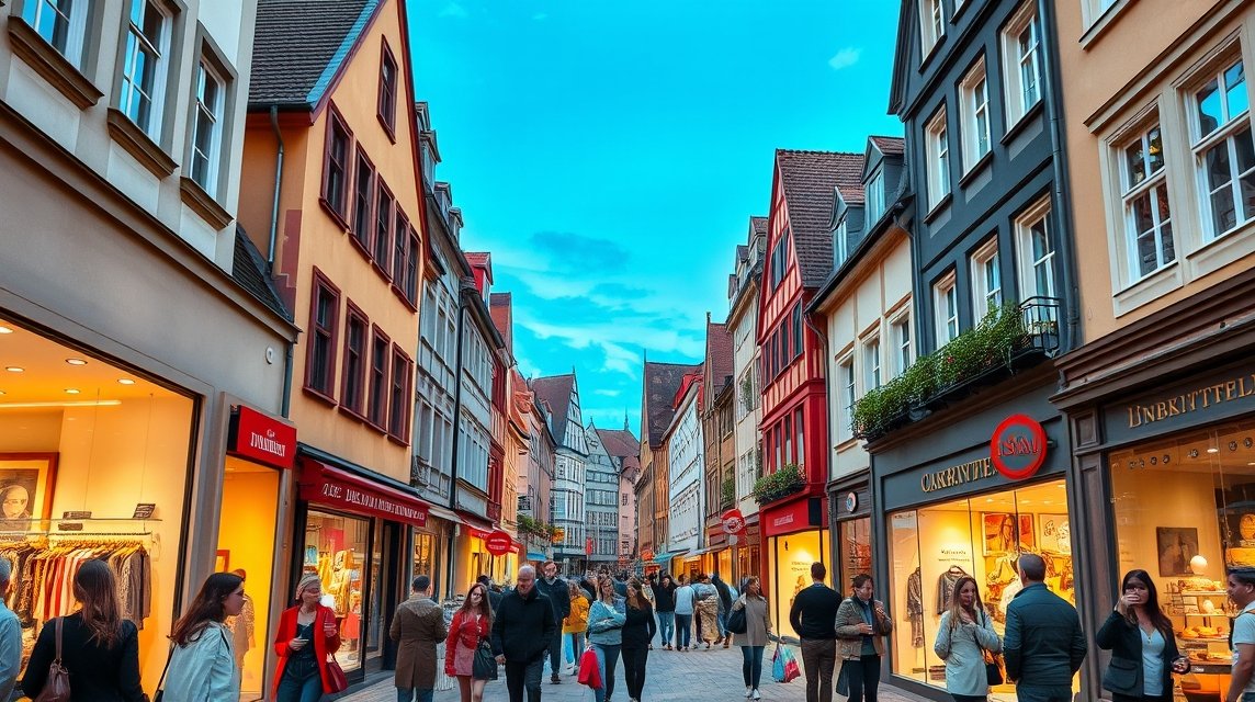 Ingolstadt belvárosában, vásárló emberekkel teli utcán.