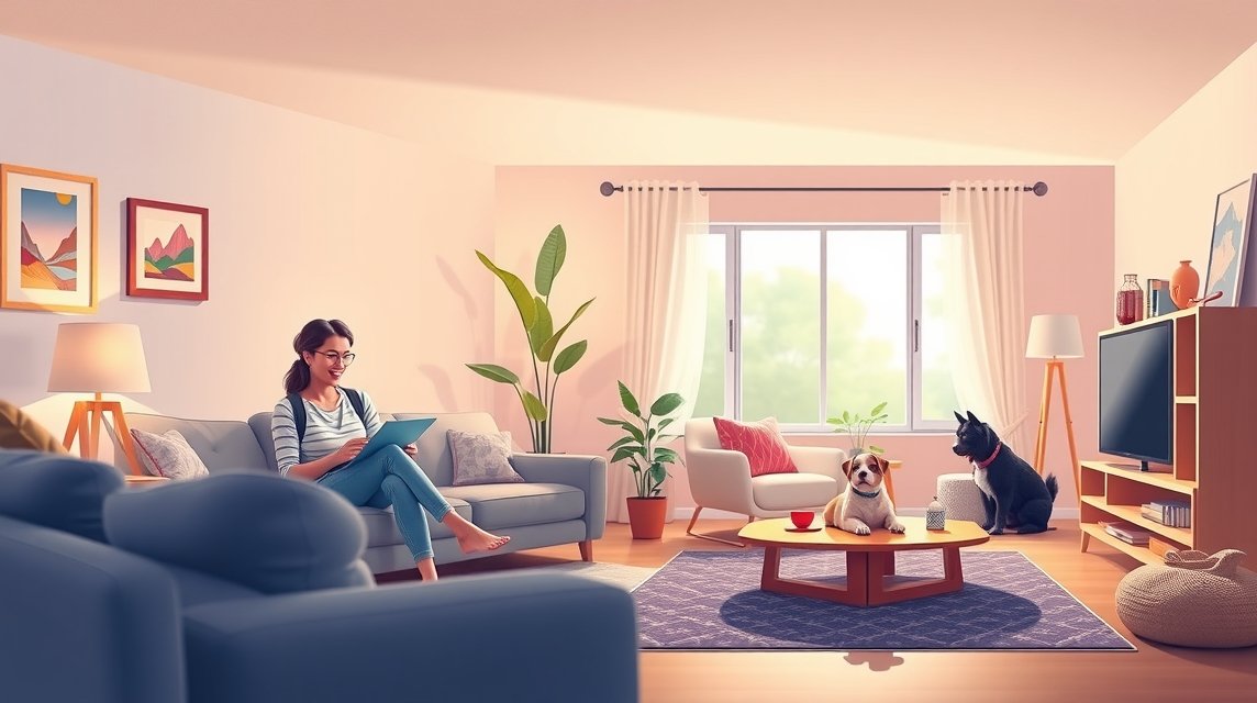 Nő pihen a kanapén, kutyák társaságában, színes lakásban.