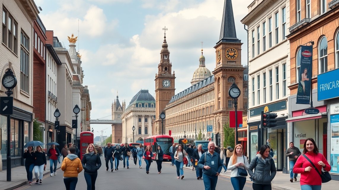 London street with iconic red buses and historic buildings.