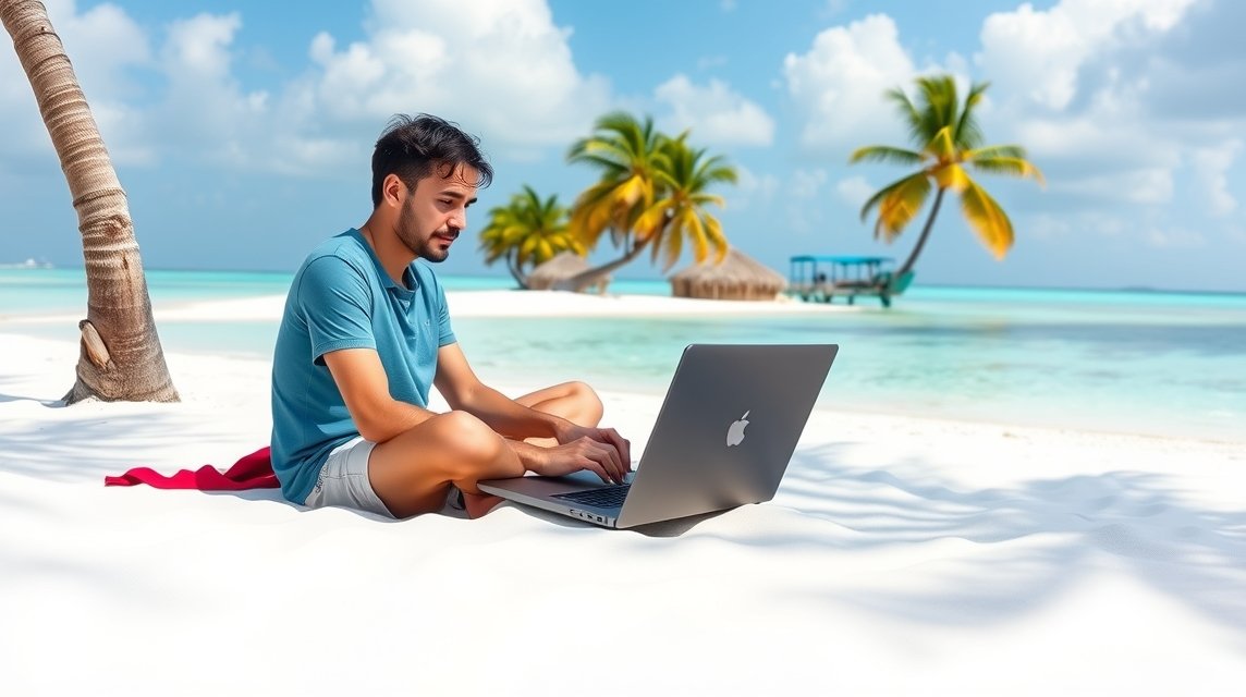 Fiatal férfi laptopon dolgozik a Maldív-szigeteken, pálmafák és tenger közelében.