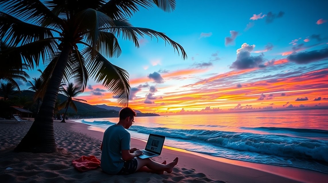 Digitális nomád internetezés a hawaii tengerparton naplementében