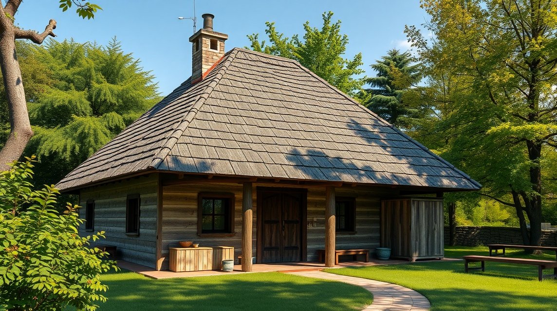 Ion Creangă kunyhója Jászvásárban zöld környezetben