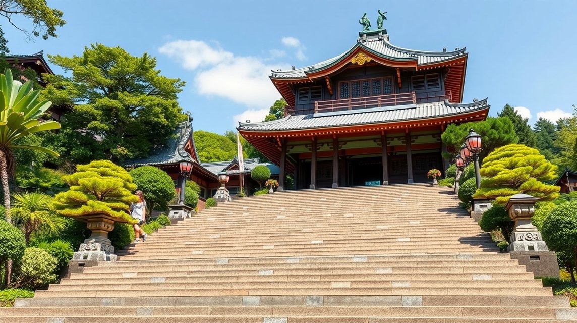 Macujama látnivalók - Isaniwa szentély a lépcsők tetején 1 Isaniwa szentély a lépcsők tetején Japánban, zöld fák között