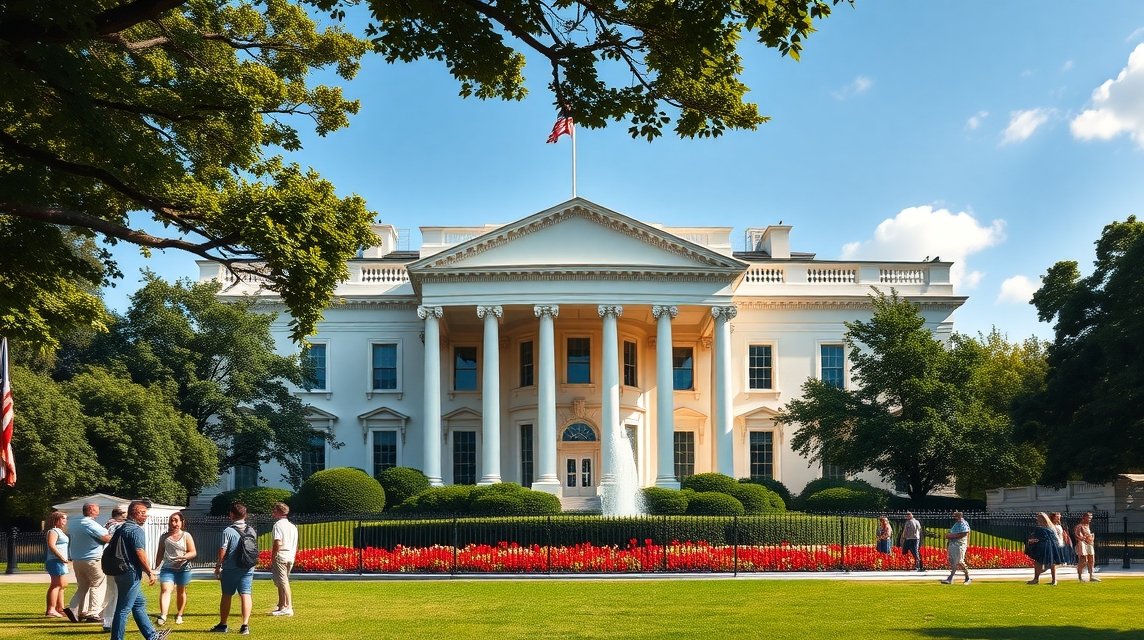A Fehér Ház elegáns homlokzata és kertek Washingtonban.