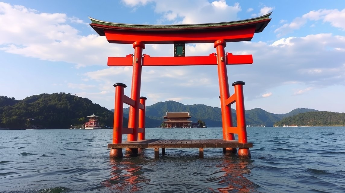 Hirosima látnivalók - Itsukushima szentély és az úszó torii 1 Az Itsukushima szentély úszó torii kapuja Hirosimában