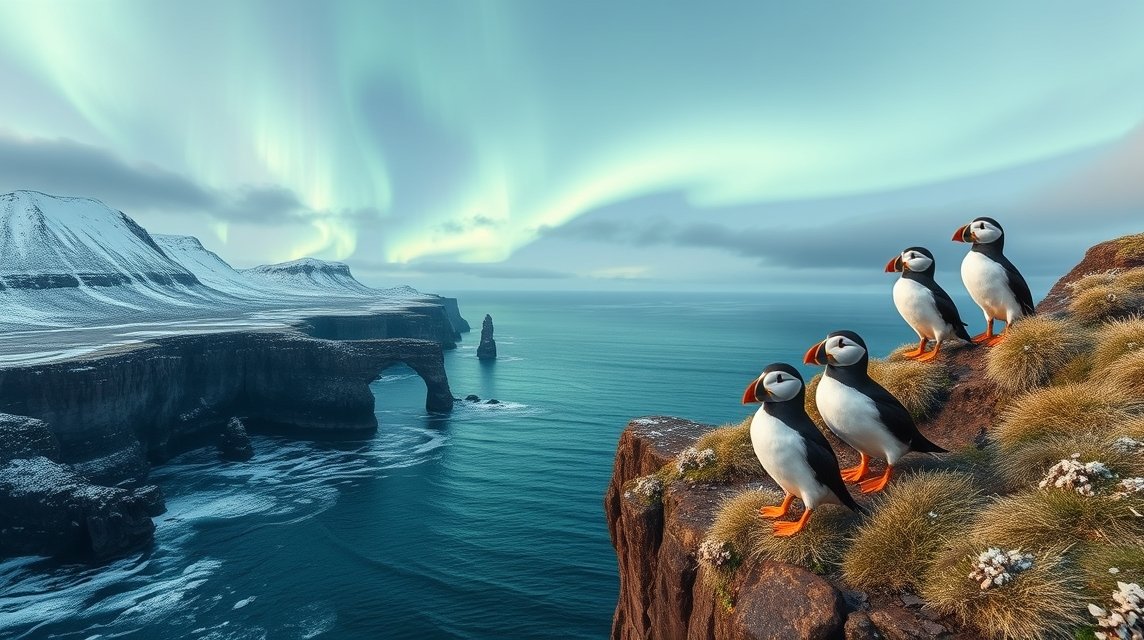 Lundák a sarki fény alatt Izlandon, csodás tájjal