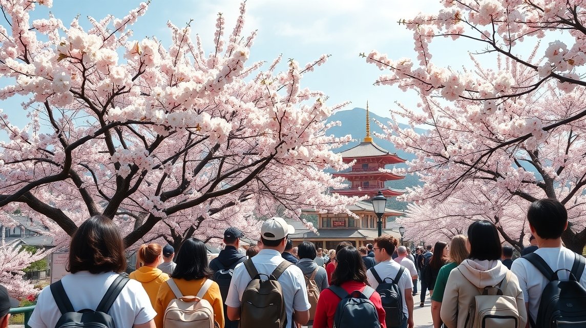 Cseresznyevirágzás Japánban, sétáló turisták a virágzó fák alatt