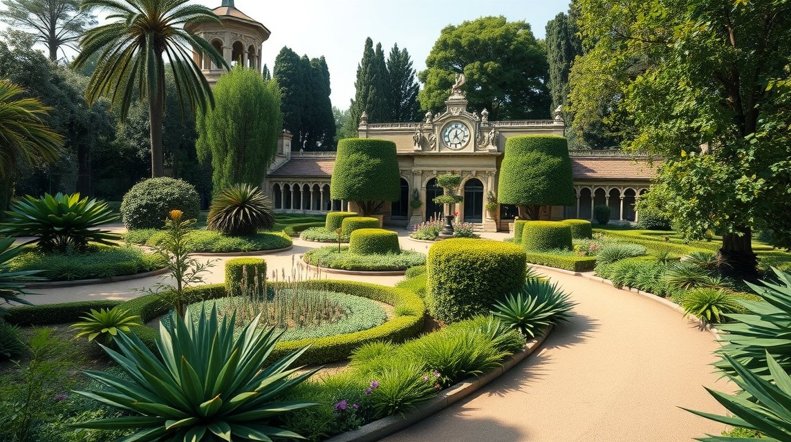 Montpellier botanikus kert, Jardin des plantes, zöld növények és épület.