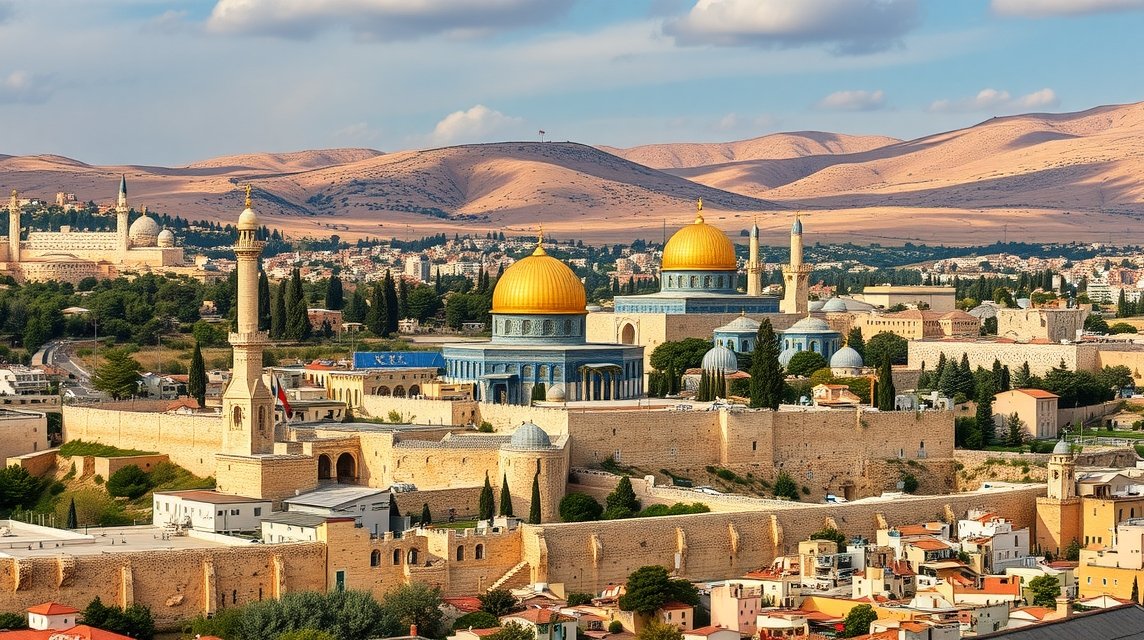 Jeruzsálem panorámaképe, arany kupolájú mecsettel és hegyekkel a háttérben.