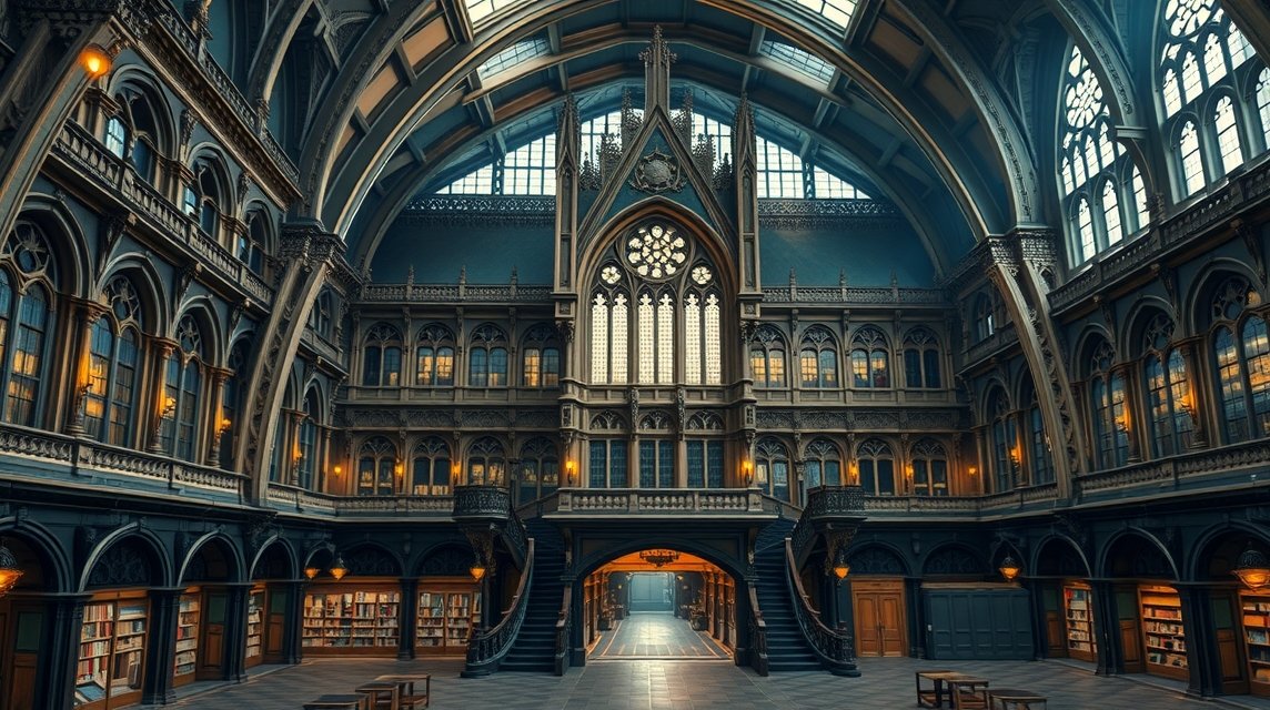 A John Rylands Könyvtár lenyűgöző gótikus belsőtere Manchesterben.