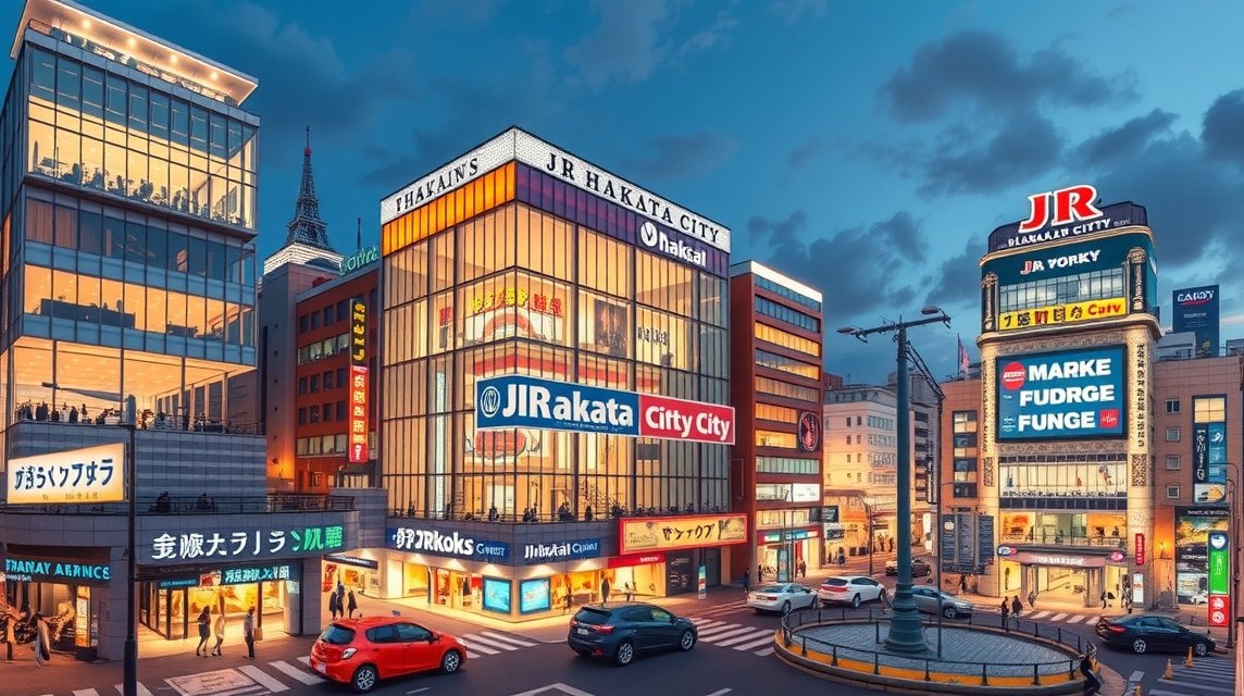 Fukuoka JR Hakata City bevásárlóközpont esti fényekben.