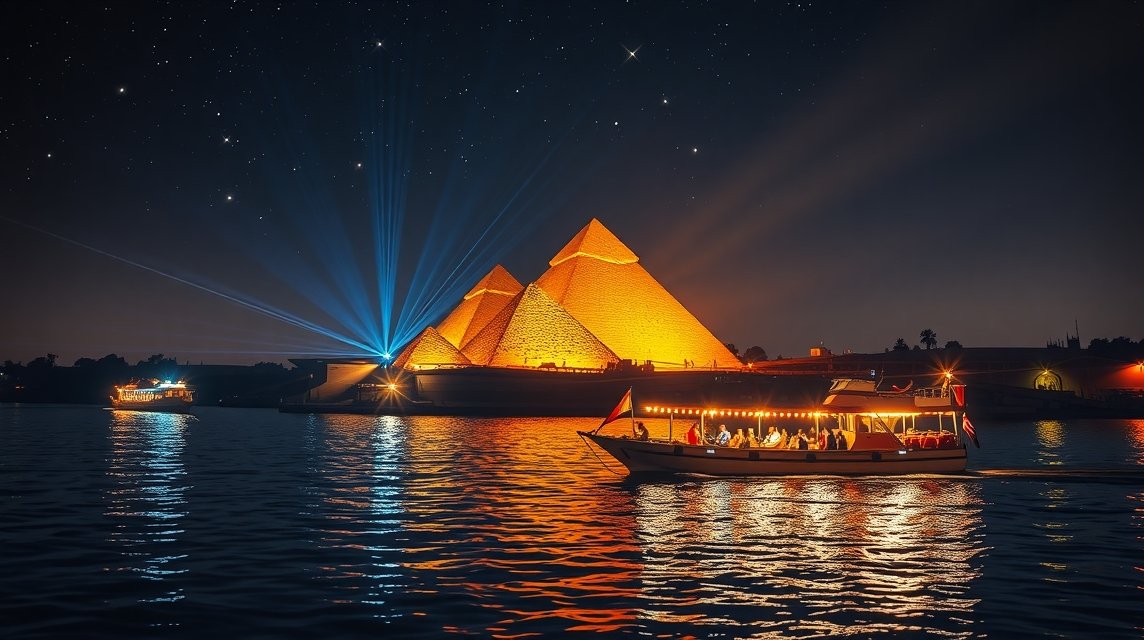 Kairó piramisai éjszaka, Nílusi vacsora és fényjáték.
