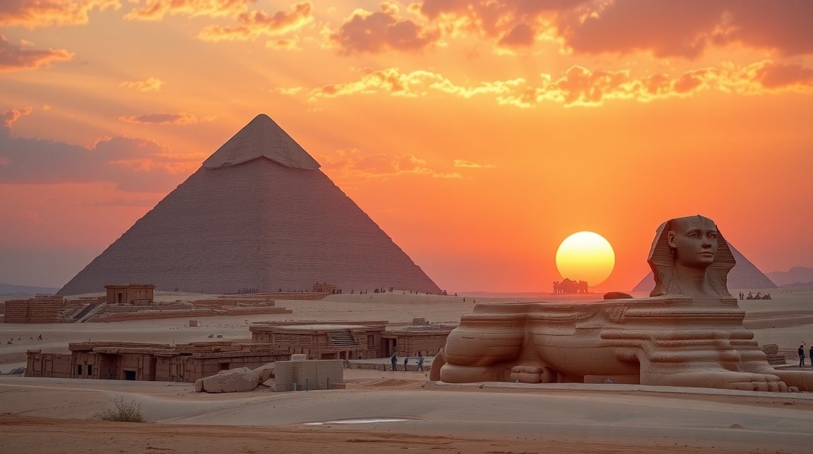 Gízai piramisok és Szfinx naplementében, Kairó, Egyiptom