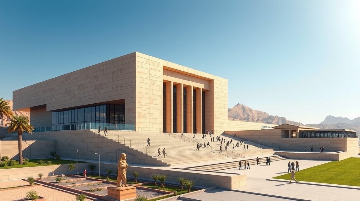 A Nagy Egyiptomi Múzeum látképe Kairó közelében, az épület kívülről.