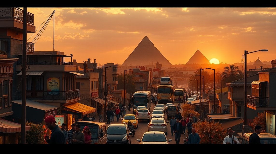Kairó városa a fáraók földjén naplementében, forgalommal és emberekkel.