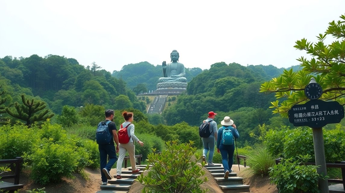 Túra a Daibutsu hegyi ösvényen, Kamakura híres Nagy Buddha szobra.