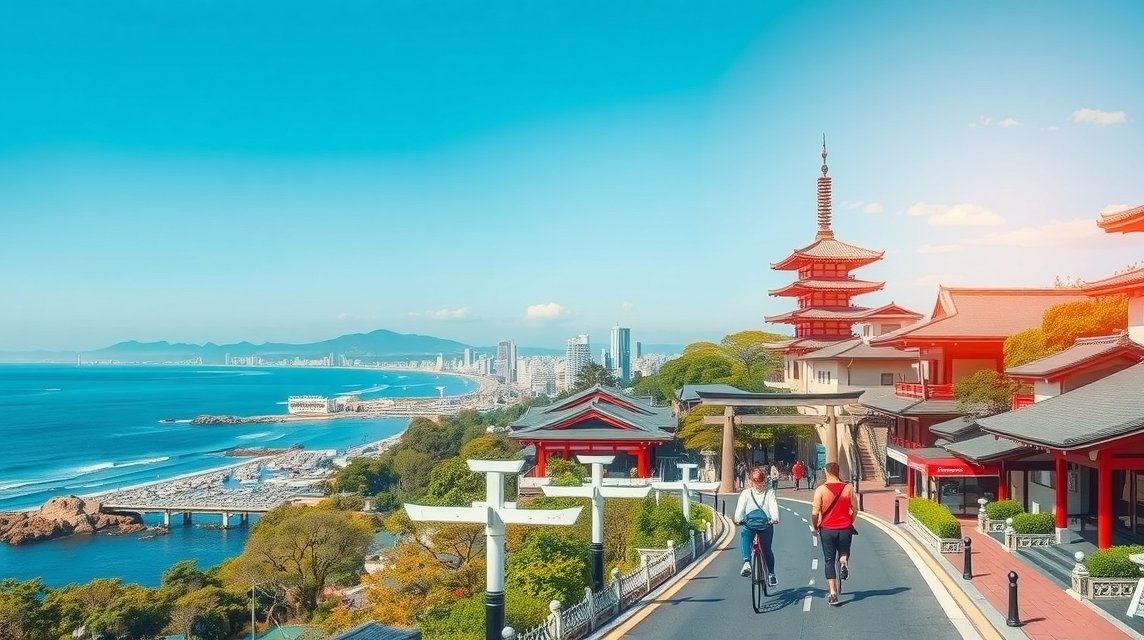 Két kerékpáros felfedezi Kamakurát a tengerpart mellett