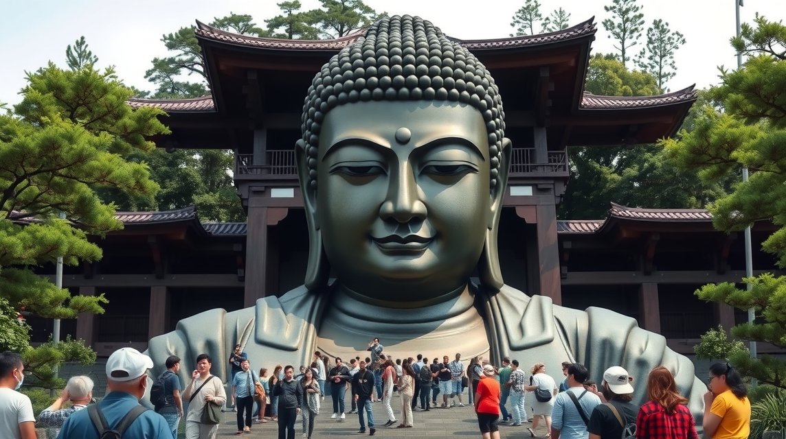Kamakura látnivalók - A Nagy Buddha (Kotoku-in) szobra 1 A Nagy Buddha szobra Kamakurában, japán turistákkal a háttérben