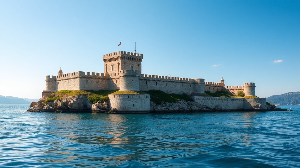 A Kamerlengo erőd Trogirban, Horvátország, tengerparti panorámával.