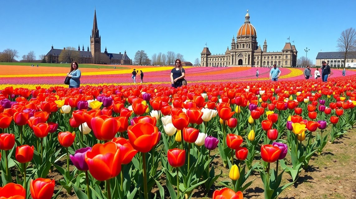 Színes tulipánmező Ottawában a Kanadai Tulipánfesztivál alatt.