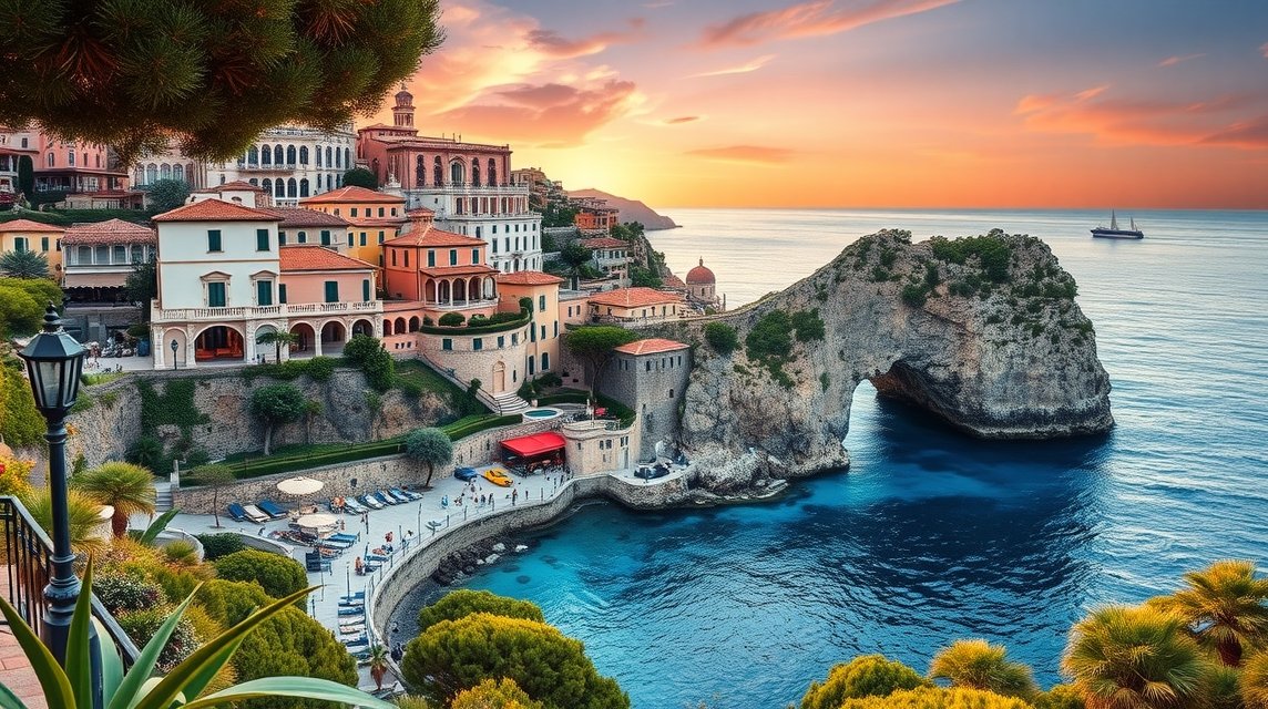 Kapri sziget csodás panorámája naplementében, luxusvillákkal.