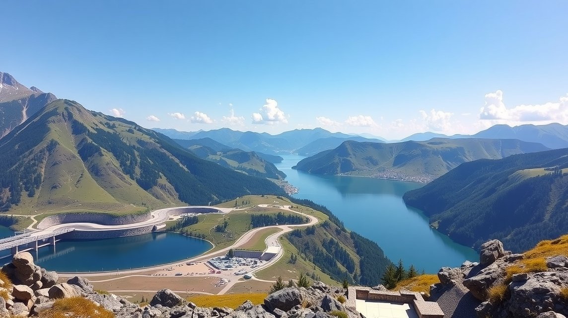 Kapruni víztározók panorámája a magashegységben, türkiz tavakkal.