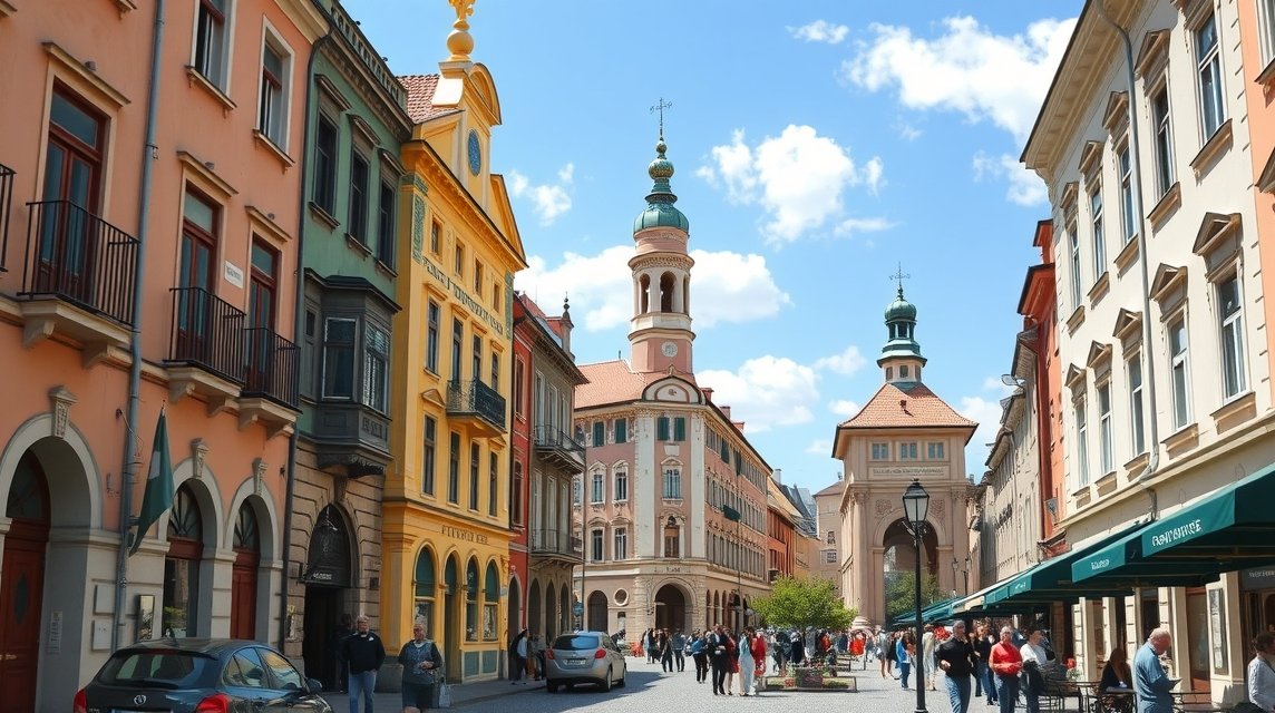 A Kassa Fő utcájának színes palotái és hangulatos sétálóutcája.