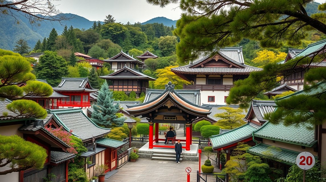 Kato szentély környezete zöldellő fákkal és tradicionális építészettel.