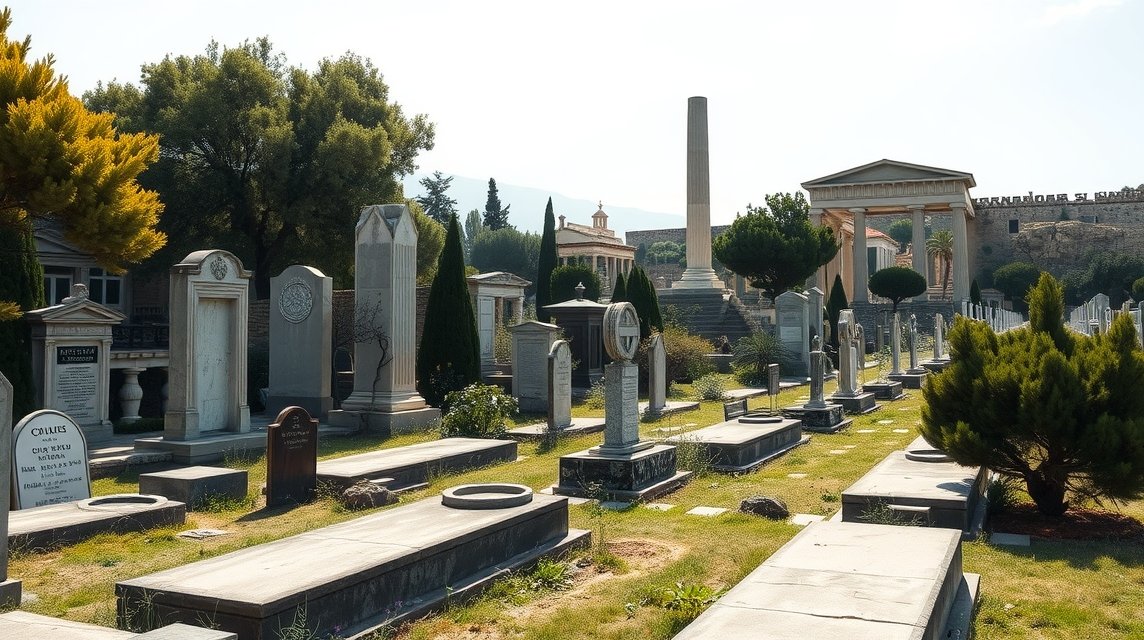 Kerameikosz temető romjai Athénban, ókori sírkamrákkal és városfal maradványokkal.