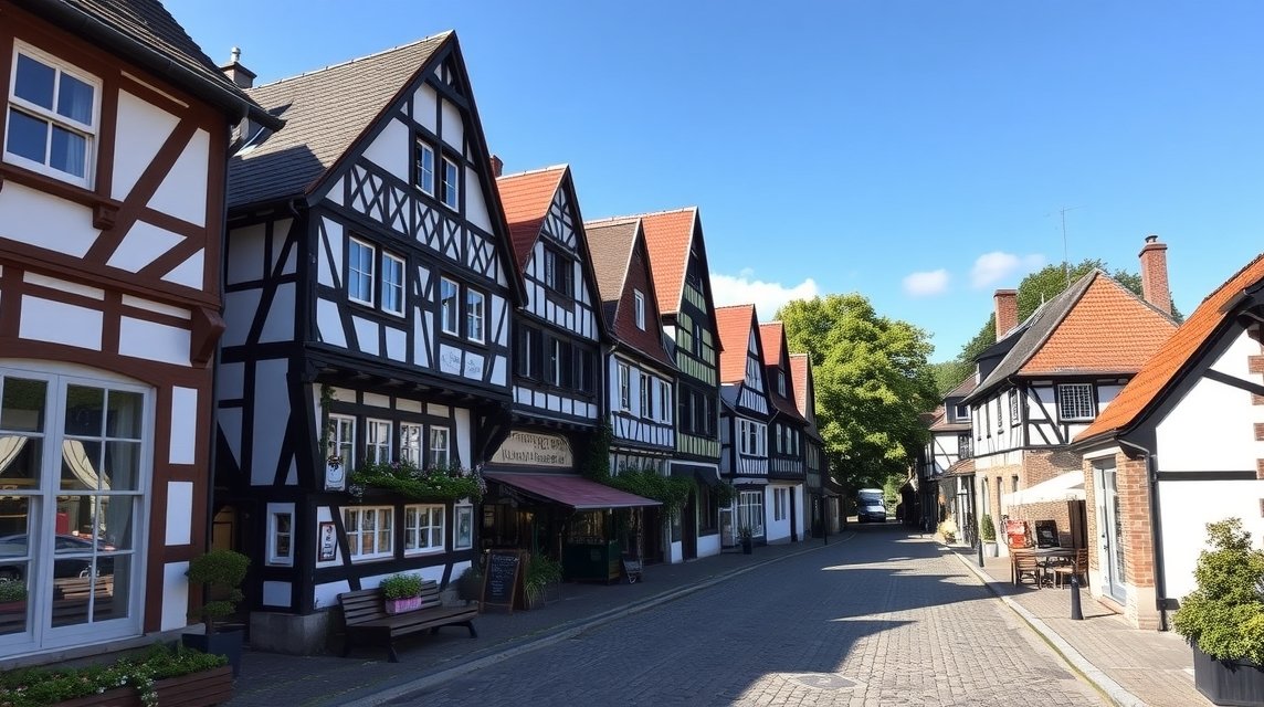 Essen látnivalók - Kettwig óvárosa és a favázas házak 1 Színes favázas házak Kettwig óvárosában, Essenben