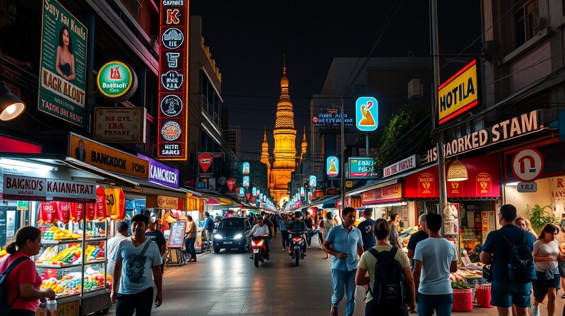Éjszakai fények a Khao San Roadon Bangkokban, pezsgő élet és utcai éttermek.
