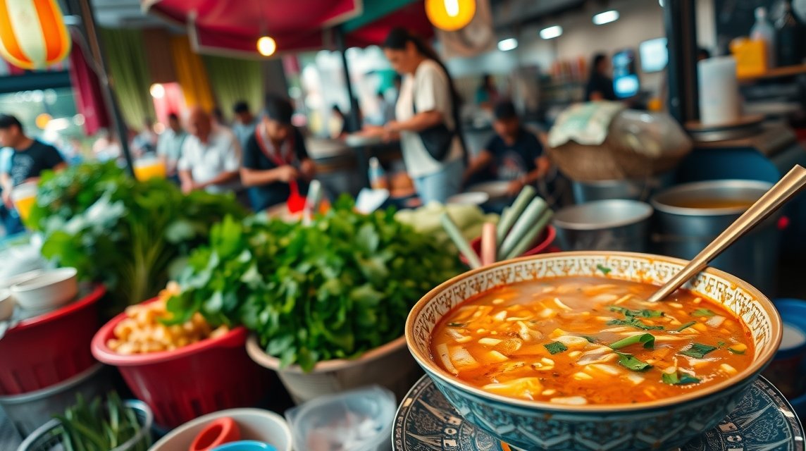 Khao Soi curryleves friss hozzávalókkal Chiang Mai utcai éttermében