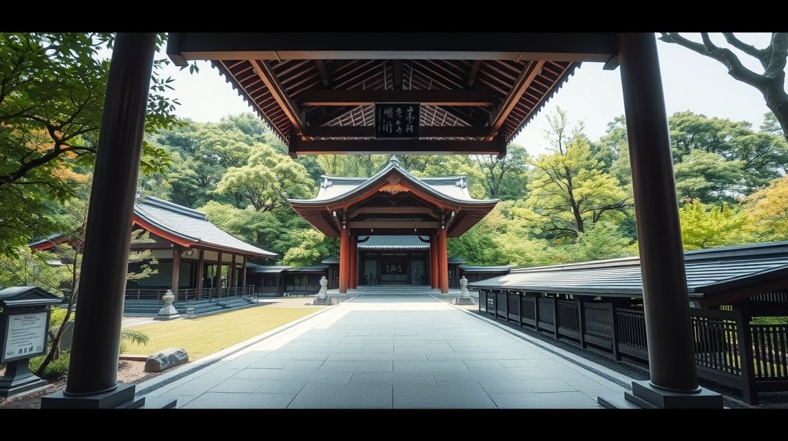 Kibitsu szentély hosszú folyosója és tradicionális építészete Japánban