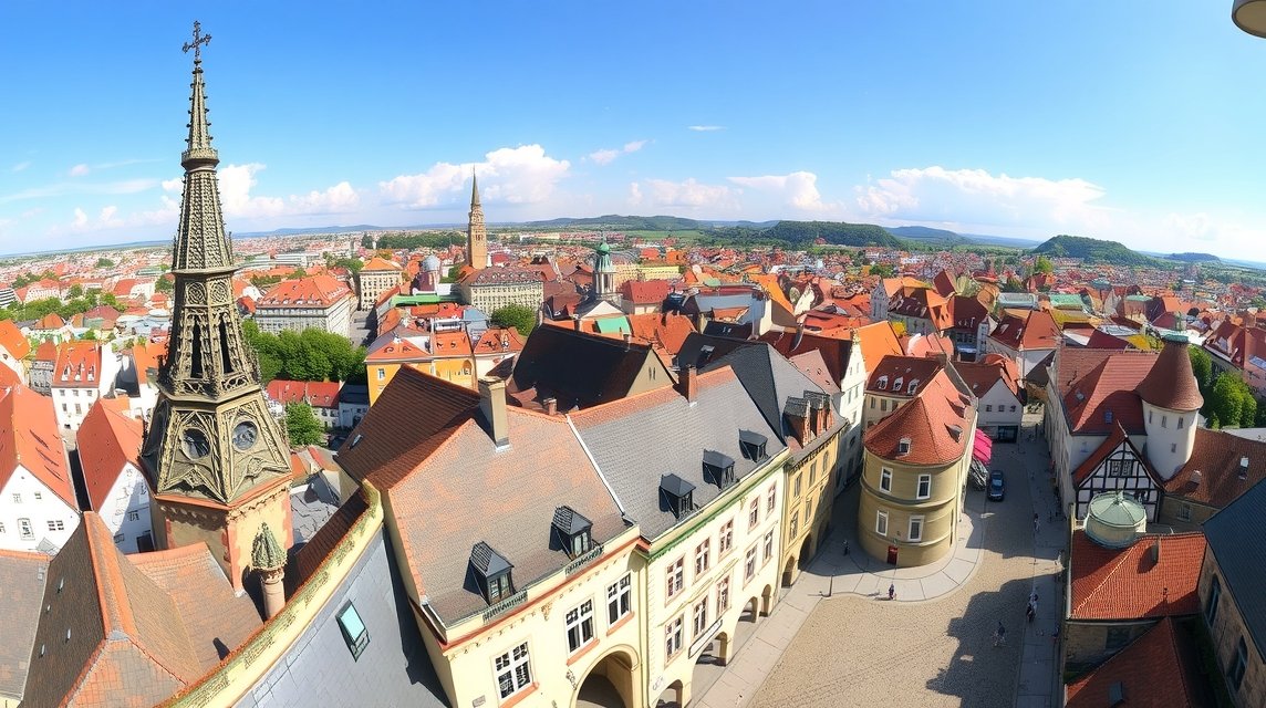 Augsburg város panorámája a Perlach-toronyból