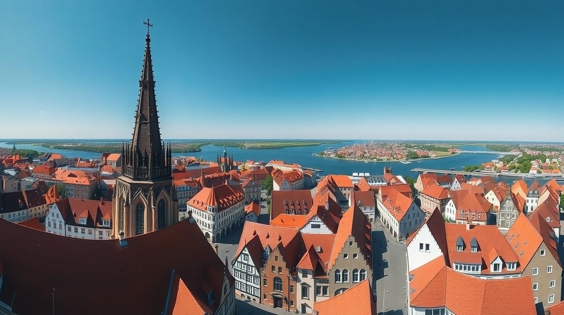 Panorámakép a Lübeck óvárosáról a Szent Péter-templom tornyából.