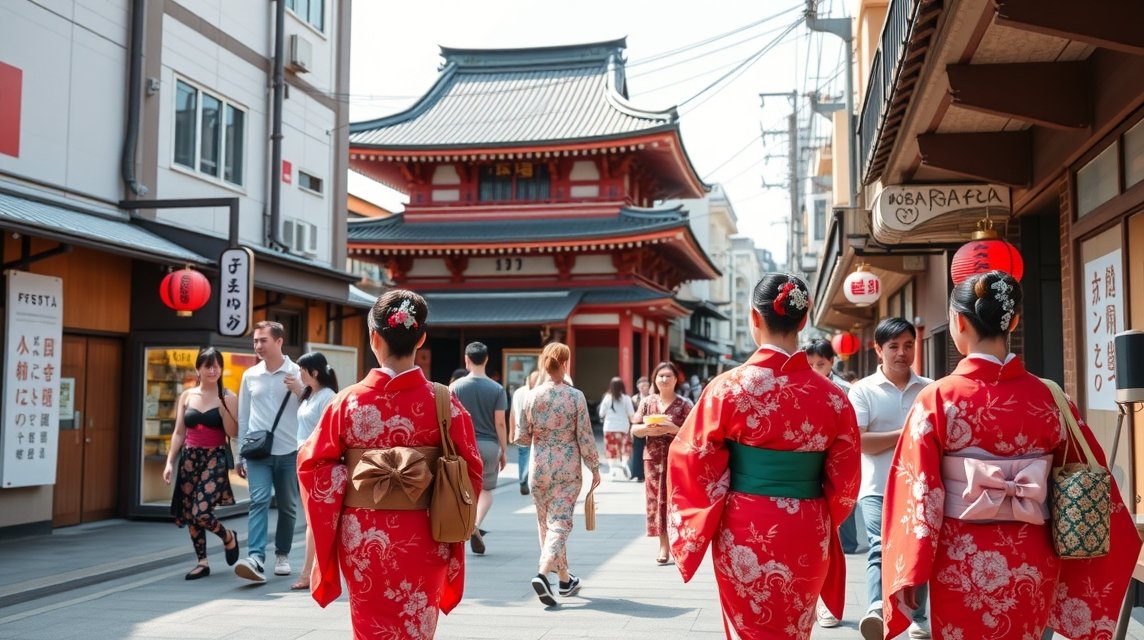 Kimonóban sétáló nők Kiotó hagyományos utcáin, városi táj.